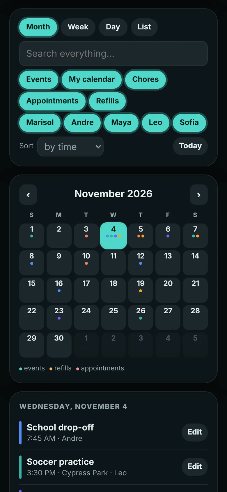 The RawHouse family calendar for November with color-coded events for each person and today's schedule.